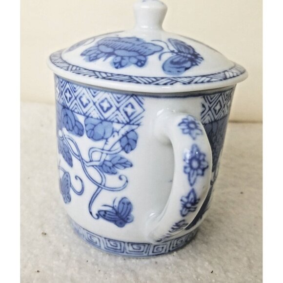 Tea cup mug China Porcelain Blue White Coffee Lidded 8oz Butterfly Floral - Picture 2 of 10